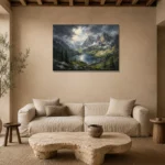 Misty Blue Alpine Basin Mountain Landscape Wall Art Canvas Print presented in a sophisticated home setting