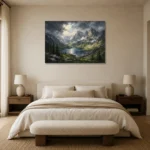 Misty Blue Alpine Basin Mountain Landscape Wall Art Canvas Print showcased in an elegant minimalist interior