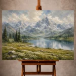 Misty blue airy Mountain Landscape Wall Art print for elegant interiors. No text or watermarks in design.