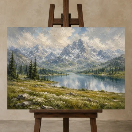 Misty Blue Alpine Meadow Mountain Landscape Wall Art Canvas Print displayed on a studio easel