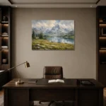 Misty Blue Alpine Meadow Mountain Landscape Wall Art Canvas Print displayed in a contemporary gallery-inspired room
