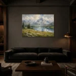 Misty Blue Alpine Meadow Mountain Landscape Wall Art Canvas Print shown in a warm modern interior