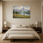 Misty Blue Alpine Meadow Mountain Landscape Wall Art Canvas Print showcased in an elegant minimalist interior