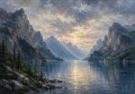 Misty Blue Fjord Vista Mountain Landscape Wall Art Canvas Print