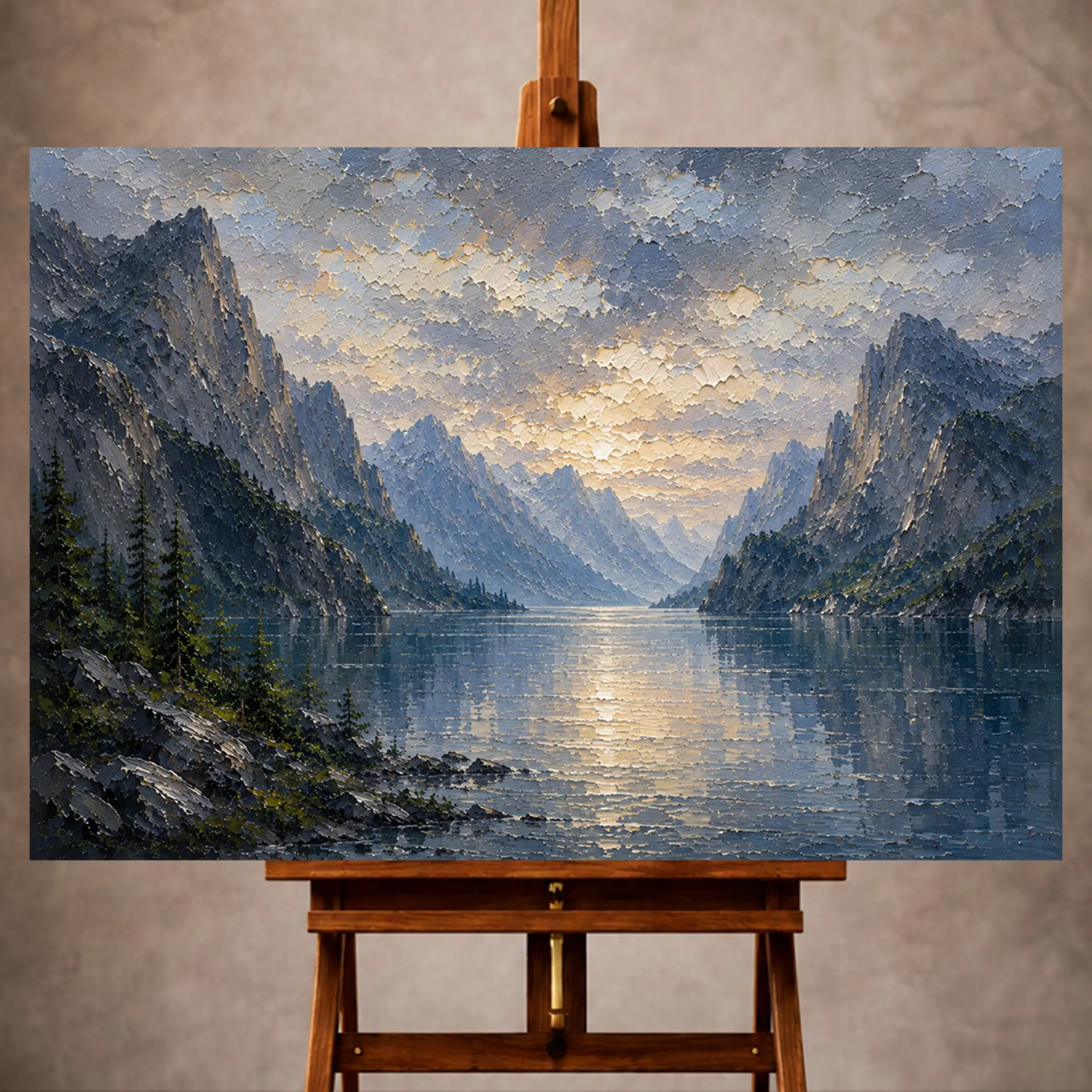 Premium Wall Art Yatay Html Edition – LANDSCPE045 Image 1 Misty blue contemplative Mountain Landscape Wall Art print for elegant interiors. No text or watermarks in design.
