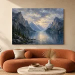 Misty Blue Fjord Vista Mountain Landscape Wall Art Canvas Print - Image 3