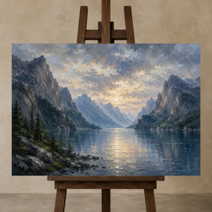 Misty Blue Fjord Vista Mountain Landscape Wall Art Canvas Print displayed on a studio easel