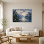 Misty Blue Fjord Vista Mountain Landscape Wall Art Canvas Print styled in a refined neutral interior