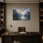 Misty Blue Fjord Vista Mountain Landscape Wall Art Canvas Print displayed in a contemporary gallery-inspired room