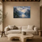 Misty Blue Fjord Vista Mountain Landscape Wall Art Canvas Print presented in a sophisticated home setting