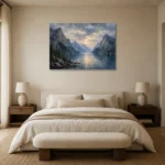 Misty Blue Fjord Vista Mountain Landscape Wall Art Canvas Print showcased in an elegant minimalist interior