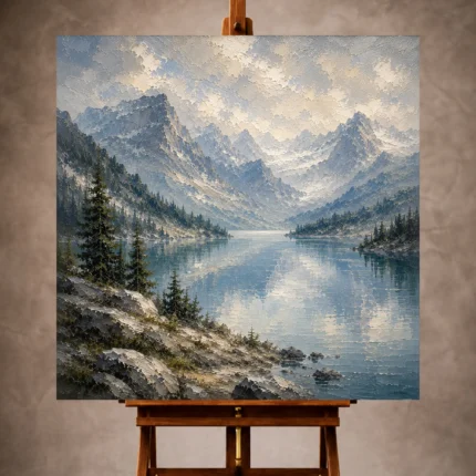 Misty blue serene Mountain Landscape Wall Art print for elegant interiors. No text or watermarks in design.