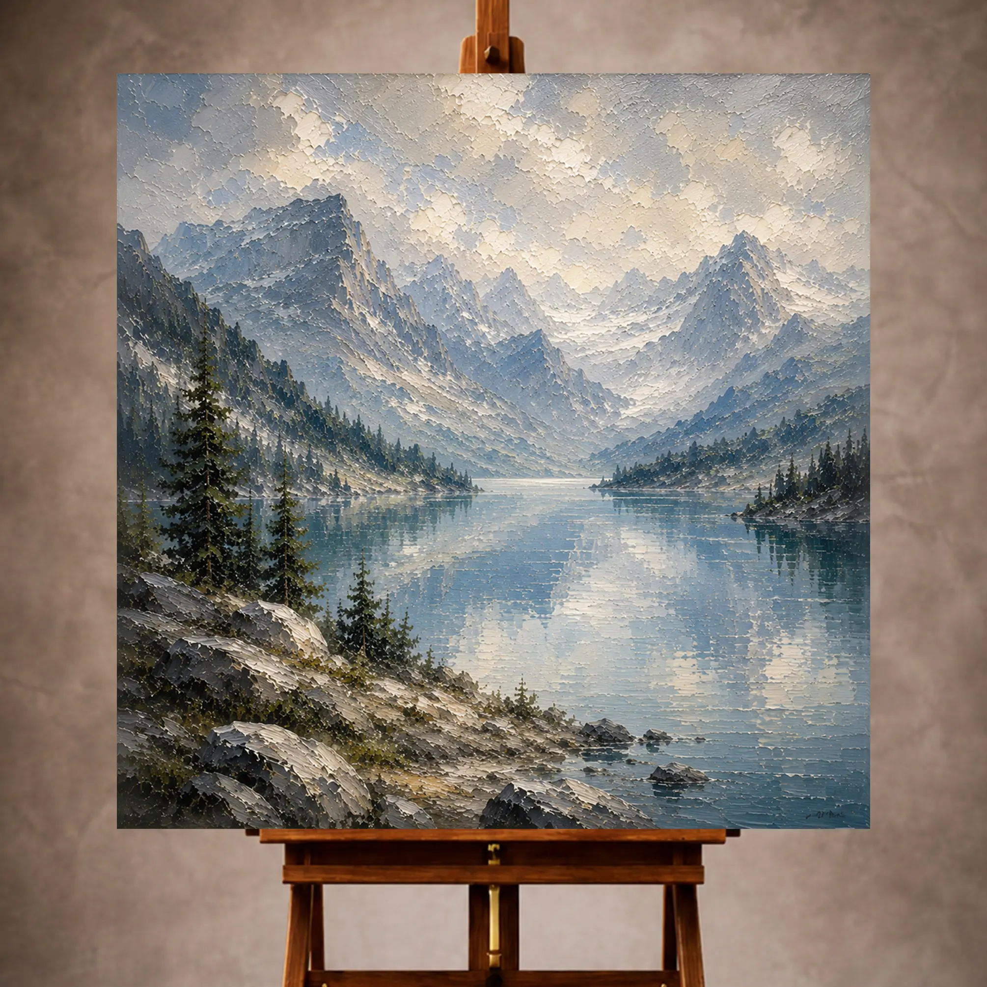 Premium Wall Art Kare Html Edition – LANDSCPE046 Image 1 Misty blue serene Mountain Landscape Wall Art print for elegant interiors. No text or watermarks in design.
