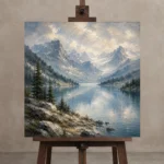 Misty Blue Glacier Lake Mountain Landscape Wall Art Canvas Print displayed on a studio easel