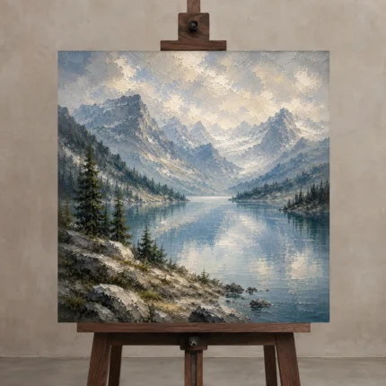 Misty Blue Glacier Lake Mountain Landscape Wall Art Canvas Print displayed on a studio easel