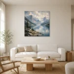 Misty Blue Glacier Lake Mountain Landscape Wall Art Canvas Print styled in a refined neutral interior
