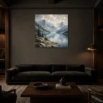Misty Blue Glacier Lake Mountain Landscape Wall Art Canvas Print shown in a warm modern interior