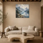 Misty Blue Glacier Lake Mountain Landscape Wall Art Canvas Print presented in a sophisticated home setting