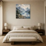 Misty Blue Glacier Lake Mountain Landscape Wall Art Canvas Print showcased in an elegant minimalist interior