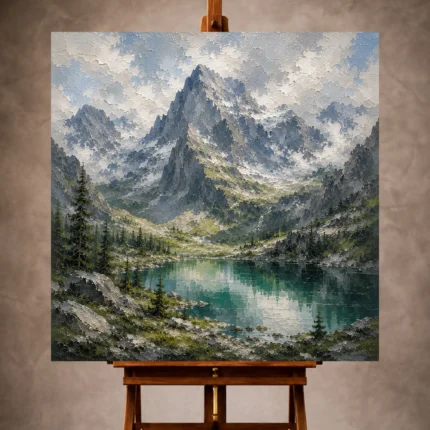 Emerald and misty blue Mountain Landscape Wall Art print for elegant interiors. No text or watermarks in design.