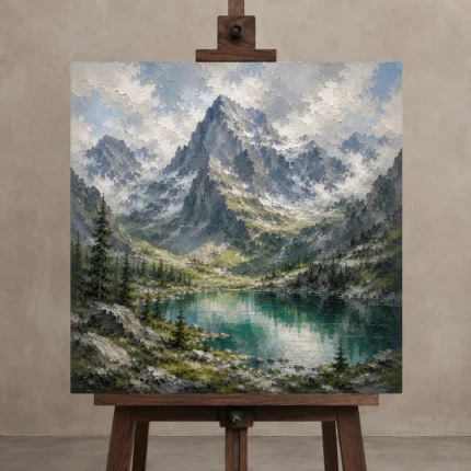 Emerald & Misty Blue Basin Mountain Landscape Wall Art Canvas Print shown in Studio Easel