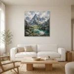 Emerald & Misty Blue Basin Mountain Landscape Wall Art Canvas Print styled in a refined neutral interior