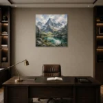 Emerald & Misty Blue Basin Mountain Landscape Wall Art Canvas Print displayed in a contemporary gallery-inspired room