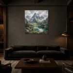 Emerald & Misty Blue Basin Mountain Landscape Wall Art Canvas Print shown in a warm modern interior