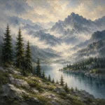 Misty Blue Pine Ridge Mountain Landscape Wall Art Canvas Print