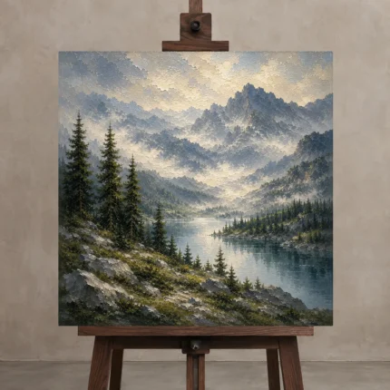 Misty Blue Pine Ridge Mountain Landscape Wall Art Canvas Print displayed on a studio easel
