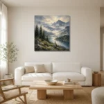 Misty Blue Pine Ridge Mountain Landscape Wall Art Canvas Print styled in a refined neutral interior