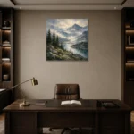 Misty Blue Pine Ridge Mountain Landscape Wall Art Canvas Print displayed in a contemporary gallery-inspired room