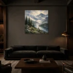 Misty Blue Pine Ridge Mountain Landscape Wall Art Canvas Print shown in a warm modern interior