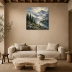 Misty Blue Pine Ridge Mountain Landscape Wall Art Canvas Print presented in a sophisticated home setting