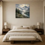 Misty Blue Pine Ridge Mountain Landscape Wall Art Canvas Print showcased in an elegant minimalist interior