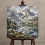 Misty Blue Snowline Reflections Mountain Landscape Wall Art Canvas Print displayed on a studio easel