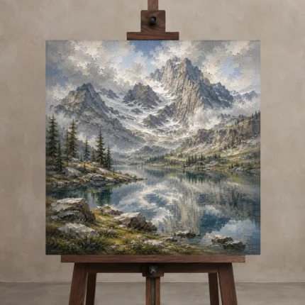 Misty Blue Snowline Reflections Mountain Landscape Wall Art Canvas Print displayed on a studio easel