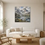 Misty Blue Snowline Reflections Mountain Landscape Wall Art Canvas Print styled in a refined neutral interior