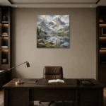 Misty Blue Snowline Reflections Mountain Landscape Wall Art Canvas Print displayed in a contemporary gallery-inspired room