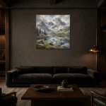 Misty Blue Snowline Reflections Mountain Landscape Wall Art Canvas Print shown in a warm modern interior