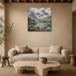 Misty Blue Snowline Reflections Mountain Landscape Wall Art Canvas Print presented in a sophisticated home setting