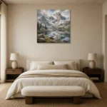 Misty Blue Snowline Reflections Mountain Landscape Wall Art Canvas Print showcased in an elegant minimalist interior