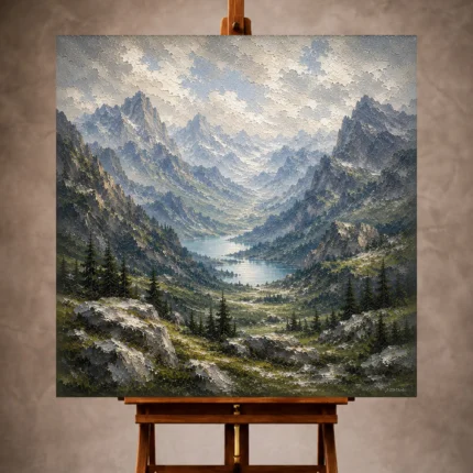 Misty blue majestic Mountain Landscape Wall Art print for elegant interiors. No text or watermarks in design.