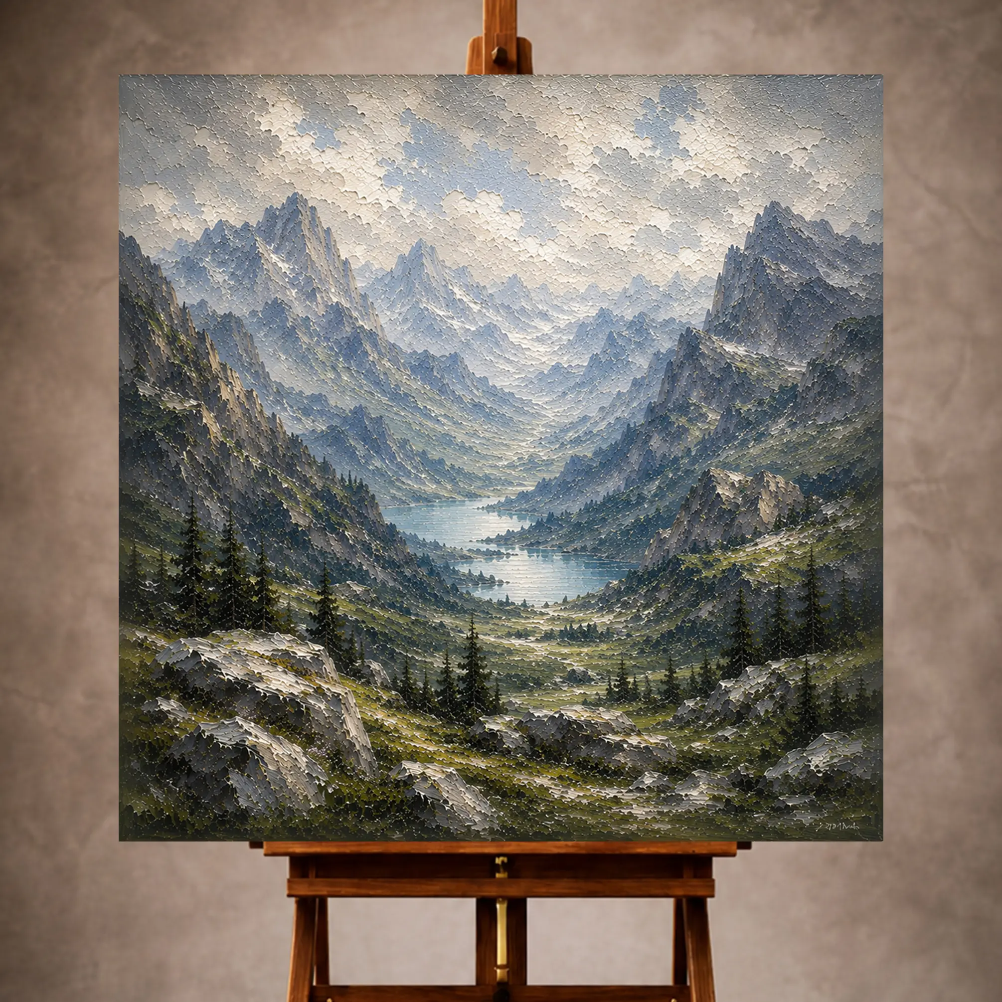 Premium Wall Art Kare Html Edition – LANDSCPE050 Image 1 Misty blue majestic Mountain Landscape Wall Art print for elegant interiors. No text or watermarks in design.