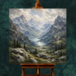 Misty Blue Valley Peaks Mountain Landscape Wall Art Canvas Print - Image 2