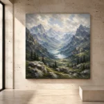 Misty Blue Valley Peaks Mountain Landscape Wall Art Canvas Print - Image 3