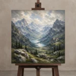 Misty Blue Valley Peaks Mountain Landscape Wall Art Canvas Print displayed on a studio easel