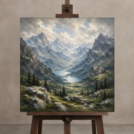 Misty Blue Valley Peaks Mountain Landscape Wall Art Canvas Print displayed on a studio easel