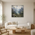 Misty Blue Valley Peaks Mountain Landscape Wall Art Canvas Print styled in a refined neutral interior