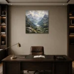 Misty Blue Valley Peaks Mountain Landscape Wall Art Canvas Print displayed in a contemporary gallery-inspired room